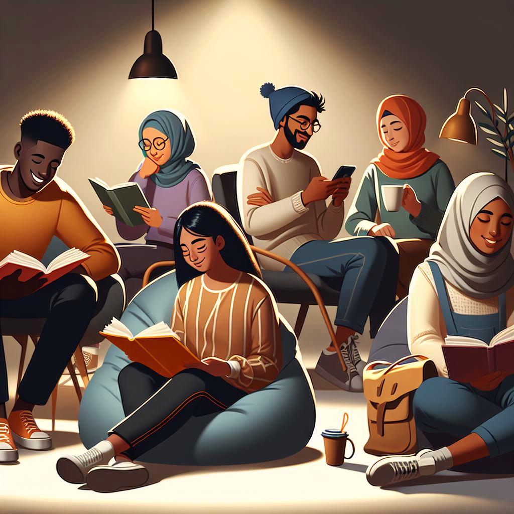 A group of people reading books